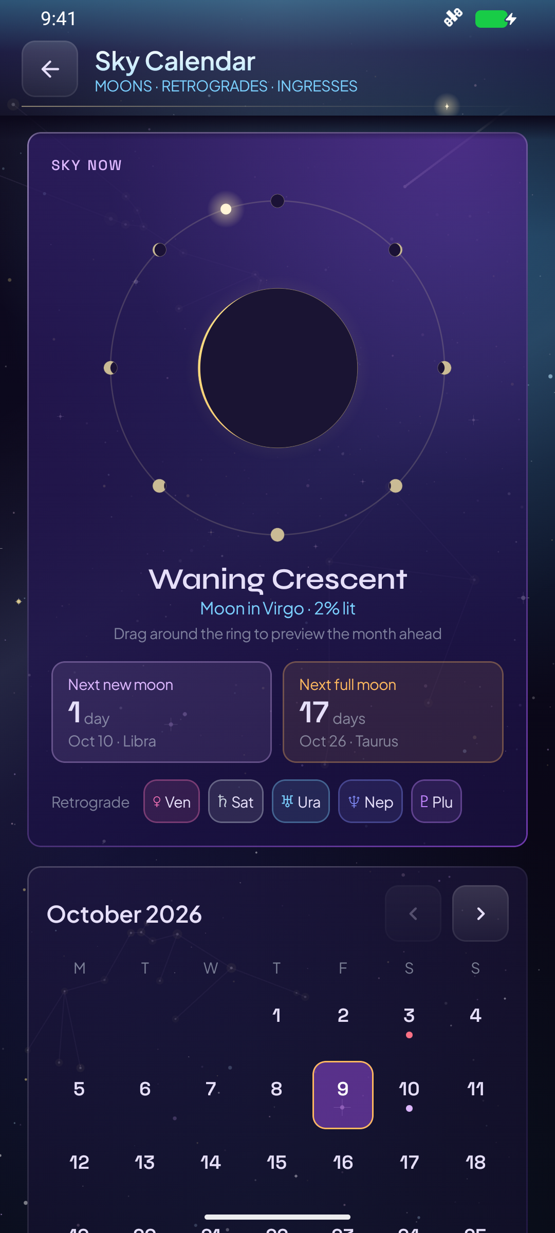 Sky calendar and lunar phases